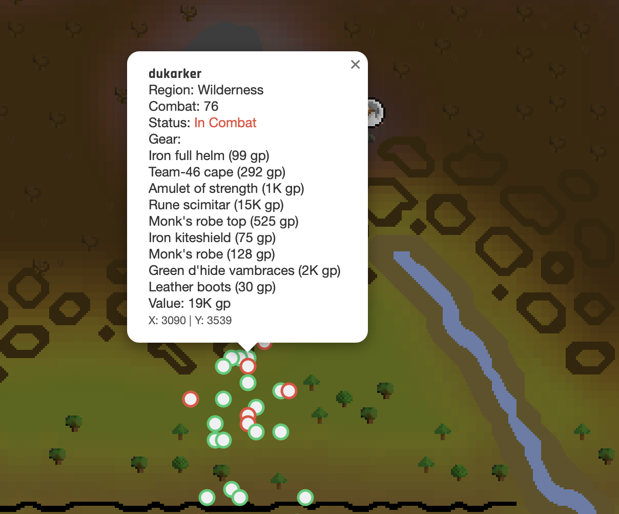 Image shows a map of Oldschool Runescape with Player information and gear values